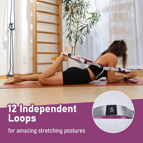 Stretch Bands for Exercise, Non Elastic Yoga Stretching Strap with Loops, 3.8cm x 2.45m, Stretching Bands for Physical Therapy, Yoga, Pilates, Dance, Gymnastics Exercise