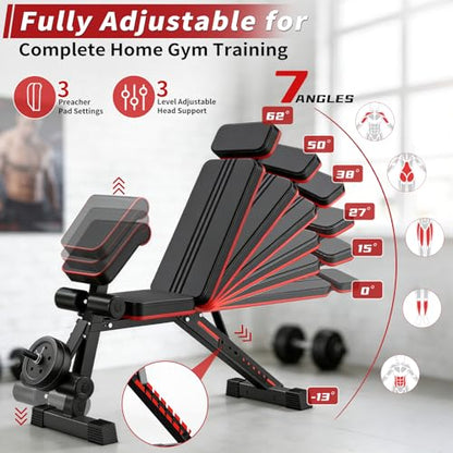 Adjustable Weight Bench, Foldable Workout Bench Press, 800LBS Weight Benches for Home Gym, Workout Equipment with Preacher Curl & Leg Extension, Incline Decline Flat Bench for Full Body Exercise & Fitness Equipment