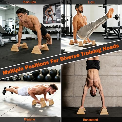 AIROGYM Wooden Parallettes, 2PCS Parallettes Bars, Non-Slip Calisthenics Bars Equipment, Solid Wood Push Up Bars Grip for Floor Strength Training, Home Gym Workout, Support 550 Lbs Handstand
