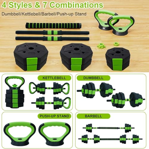4-In-1 Adjustable Dumbbell Set, 44LB Free Weight Set with Connector,Weights Dumbbells Set Used As Kettlebells, Barbell, Push Up Stand, Fitness Exercise for Home Gym Suitable Men/Women,Green