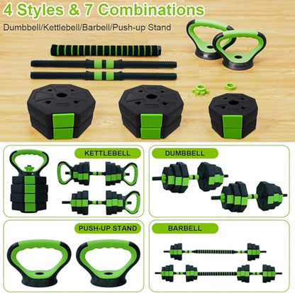 4-In-1 Adjustable Dumbbell Set, 44LB Free Weight Set with Connector,Weights Dumbbells Set Used As Kettlebells, Barbell, Push Up Stand, Fitness Exercise for Home Gym Suitable Men/Women,Green