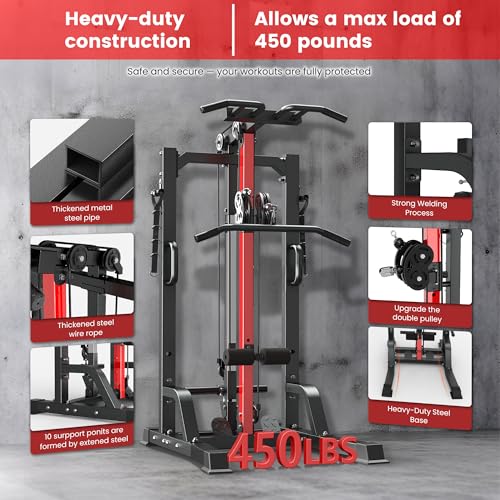 Pull Up Bar Power Tower Dip Station,Cable Machine-Integrated 450LBS Multi-Function Adjustable Height Fitness Strength Training Equipment for Home Gym Strength Training Equipment - color: Black01