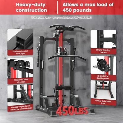 Pull Up Bar Power Tower Dip Station,Cable Machine-Integrated 450LBS Multi-Function Adjustable Height Fitness Strength Training Equipment for Home Gym Strength Training Equipment - color: Black01