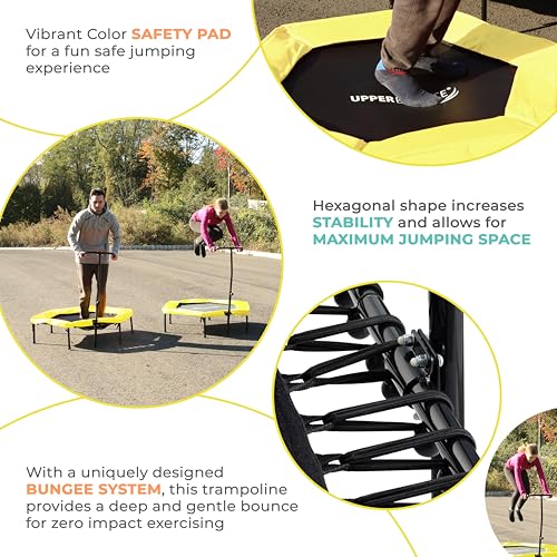 Upper bounce mini Workout Trampoline Adjustable tshaped handrail – Hexagonal rebounder Kids & Adults – Fitness Trampoline Equipment Supports up 220lbs. (Yellow, 50 Inches)