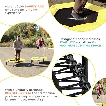 Upper bounce mini Workout Trampoline Adjustable tshaped handrail – Hexagonal rebounder Kids & Adults – Fitness Trampoline Equipment Supports up 220lbs. (Yellow, 50 Inches)
