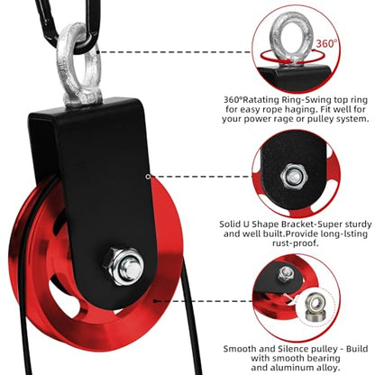 LFJ Aluminum Alloy Cable Pulley with Swing Strap Carabiner, 90mm Pulley Wheel for LAT Pulley System DIY Pull Down Attachment,Ladder Lift,Home Gym Equipment - color: Red