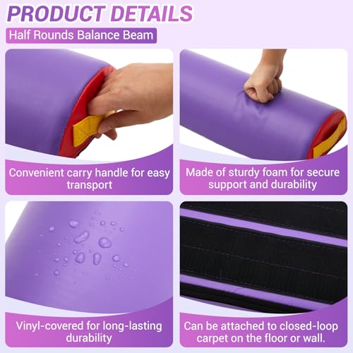 Arrowbash 24 Inch Foam Roller Half Round Gymnastics Balance Beam with Hook-and-Loop Back with Carry Handles Vinyl Surface for Beginners Professional Gymnasts