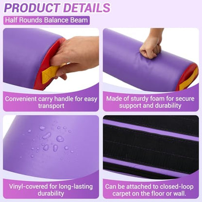 Arrowbash 24 Inch Foam Roller Half Round Gymnastics Balance Beam with Hook-and-Loop Back with Carry Handles Vinyl Surface for Beginners Professional Gymnasts