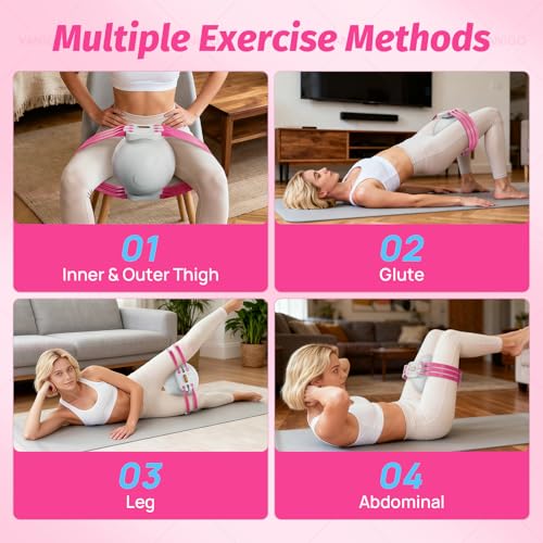 Thigh Trainer with Inflatable Resistance Ball, Adjustable 120 LB Inner & Outer Thigh Exerciser, Kegel Pelvic Floor & Hip Trainer for Women, Home Leg Equipment Compact Resistance Bands Fitness - color: Rose