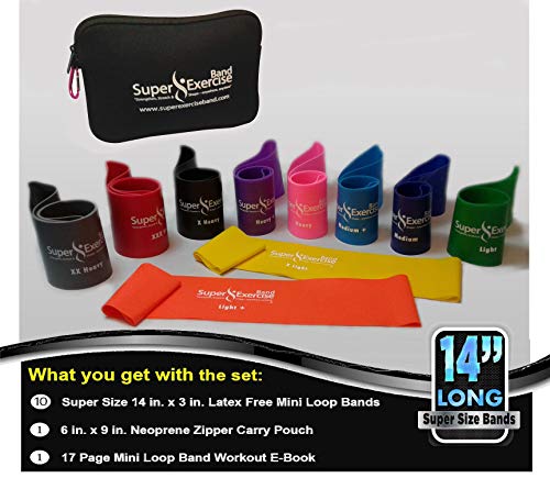 USA 14" x 3" Extra Long Latex Free Mini Loop Bands in 3, 5, 10 Pack Sets. 10 Strengths for Resistance Training, Stretching, Yoga, Toning. Plus an Exclusive iPhone App and E-Book. - color: a. COMPLETE SET Loop Bands 10 PACK