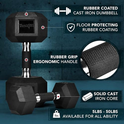 Yes4All Rubber Grip Encased Hex Dumbbell – Hand Weights With Anti-Slip 5-50 LBS Single - color: D. 20 Pounds