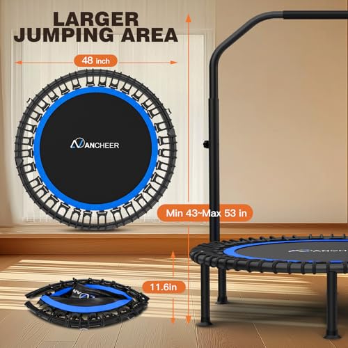 ANCHEER 40"/48" Foldable Mini Trampoline with Adjustable Handle for Adults - color: Blue, size: 48 inch