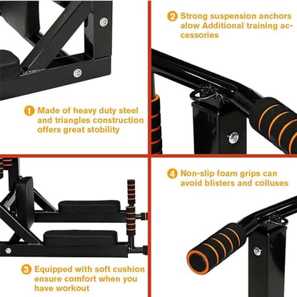 Wall Mounted Pull Up Bar - Heavy Duty Strength Training Fitness Equipment, Multifunctional Power Tower Dip Station Support to 550lbs
