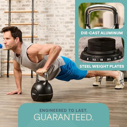 LifePro 7-in-1 Adjustable Kettlebell – PowerStone, Die-Cast Aluminum & Steel, Space-Saving Set with Handle-Twist Adjustment – Strength Training Kettlebell with Storage Base - size: 45.8 Pounds