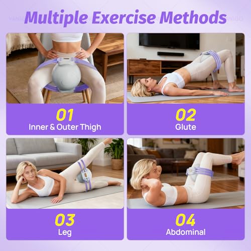 Thigh Trainer with Inflatable Resistance Ball, Adjustable 120 LB Inner & Outer Thigh Exerciser, Kegel Pelvic Floor & Hip Trainer for Women, Home Leg Equipment Compact Resistance Bands Fitness - color: Violet
