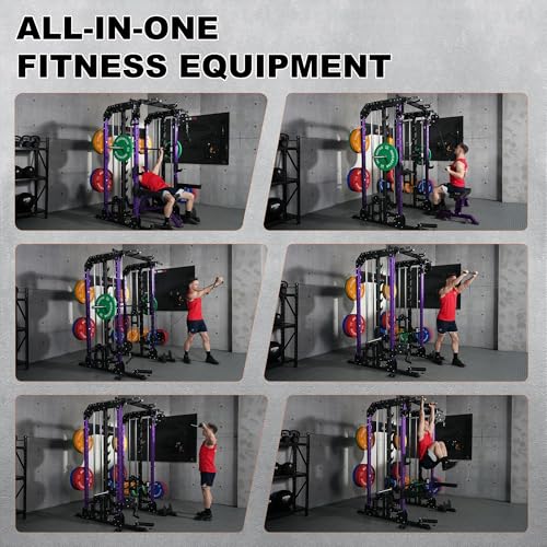 Smith Machine, 2600LBS Squat Rack, 7-in-1 Home Gym Cage with Adjustable Safety Bars, Pull-Up & LAT Pulldown - color: Purple, size: P107 Only Smith Machine