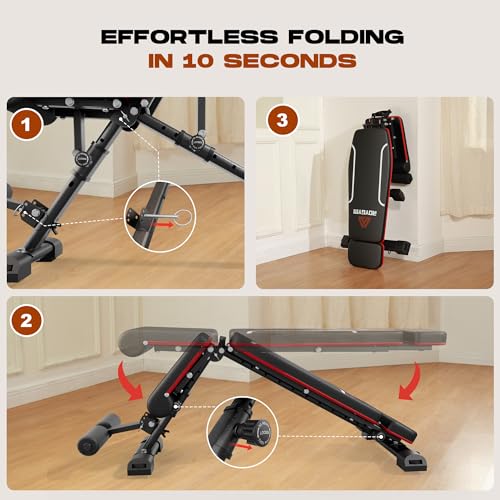 Folding Weight Bench, 880LB Foldable Workout Bench with Extended Headrest for Bench Press Workout Training, Incline Decline Bench