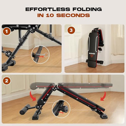 Folding Weight Bench, 880LB Foldable Workout Bench with Extended Headrest for Bench Press Workout Training, Incline Decline Bench
