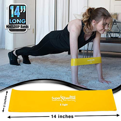 USA 14" x 3" Extra Long Latex Free Mini Loop Bands in 3, 5, 10 Pack Sets. 10 Strengths for Resistance Training, Stretching, Yoga, Toning. Plus an Exclusive iPhone App and E-Book. - color: e. Yellow X LIGHT Loop Band 10 Pack