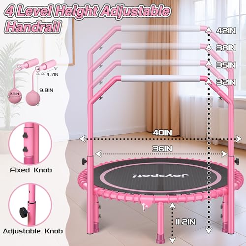 450 LBS Foldable Mini Trampoline for Adults with Adjustable Handle, 40" Indoor Rebounder with Quiet Bungee System, Compact Fitness Trampoline with Cordless Jump Ropes for Home Workout Exercise