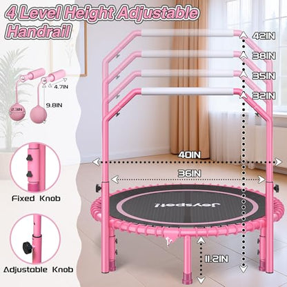 450 LBS Foldable Mini Trampoline for Adults with Adjustable Handle, 40" Indoor Rebounder with Quiet Bungee System, Compact Fitness Trampoline with Cordless Jump Ropes for Home Workout Exercise
