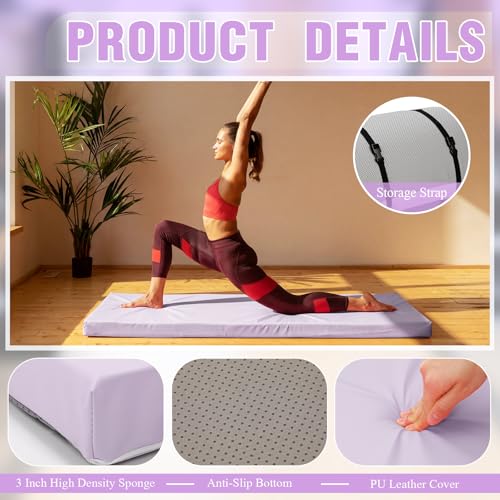 Lyrow 3 Inch 72"x 24" Thick Foldable Yoga Mat with Carry Strap, Non-slip Portable Foam Gym Mat for Yoga, Pilates and Stretching - color: Taro Purple