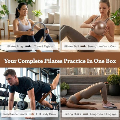 Premium 12pc Pilates Kit – 15 inch Pilates Ring and Ball Set w/ 1lbs Ankle Weights, Fabric Resistance Bands, Sliders, Yoga Socks & Gym Bag – Pilates Workout, Home Gym Equipment Accessories - color: Mocha Drive (Brown/Gray)