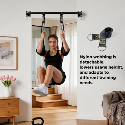 Black Wall Mounted Pull Up Bar with Hanging Ab Straps, Home Gym Equipment