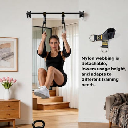 Black Wall Mounted Pull Up Bar with Hanging Ab Straps, Home Gym Equipment