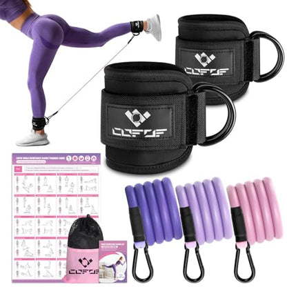 Ankle Resistance Bands with Cuffs, Leg Exercise Equipment with Poster - color: Black