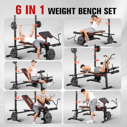MAIDOMA 8 IN 1 Standard Weight Bench Set with Leg Extension and Leg Curl, Fast Folding & Adjustable Workout Bench for Home Gym,Adjustable Bench Press with Squat Rack.（US Stock） - color: rust red