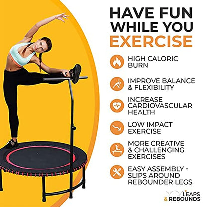 LEAPS & REBOUNDS 40" Adjustable Stability Bar Attachment with 40" Mini Fitness Trampoline and Home Gym Rebounder for Cardio Exercises, Orange
