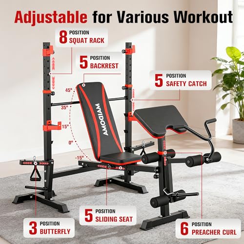 MAIDOMA 8 IN 1 Standard Weight Bench Set with Leg Extension and Leg Curl, Fast Folding & Adjustable Workout Bench for Home Gym,Adjustable Bench Press with Squat Rack.（US Stock） - color: rust red