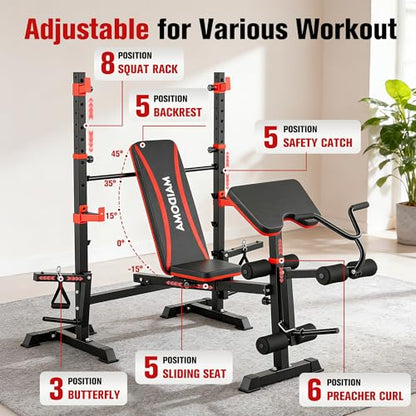MAIDOMA 8 IN 1 Standard Weight Bench Set with Leg Extension and Leg Curl, Fast Folding & Adjustable Workout Bench for Home Gym,Adjustable Bench Press with Squat Rack.（US Stock） - color: rust red