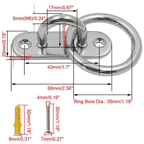 4Pcs M6 Ceiling Wall Mount Hook, Pad Eye Plate, Heavy Duty Anchor with Ring, 304 Stainless Steel, Great for Yoga Swings Hammocks/Boat Rigging/Marine Deck Hardware/Suspension Training Straps