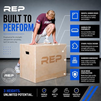 Rep Plyometric Wood Jump Box | CrossFit & Strength Training | 12 to 30" Range of Wooden Step Platforms | Gym & Sports Workouts | Fitness, Exercise, Physical Therapy Equipment | Pro Conditioning Tool - size: Medium, 24" x 20" x 16"