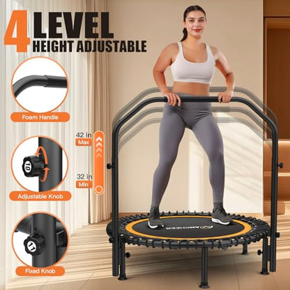 ANCHEER 48" Foldable Rebounder Trampoline for Adults/Kids with Resistance Bands and Bungees, Indoor & Outdoor Mini Trampoline with Bar and Safety Padding - Max Load 450lbs (Orange)