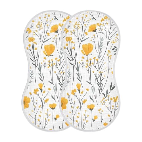 Yellow Flowers Muslin Burp Cloths 4 Pack - Extra Large 22"x11", 4-Layer Soft Absorbent Cotton, Waterproof Backing, Baby Drool Rags for Newborn