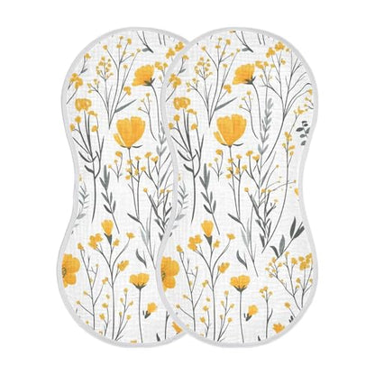 Yellow Flowers Muslin Burp Cloths 4 Pack - Extra Large 22"x11", 4-Layer Soft Absorbent Cotton, Waterproof Backing, Baby Drool Rags for Newborn