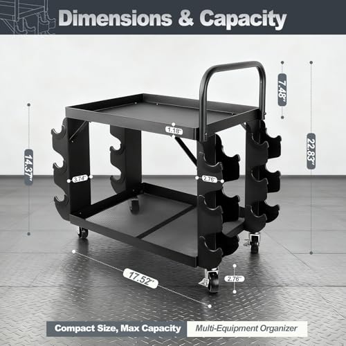 All-in-One Home Gym Storage Cart with Wheels and Handle, 2-Tier Heavy Duty Adjustable Weight Rack for Small Dumbbells, Kettlebells,Yoga Mats, Fitness Gear