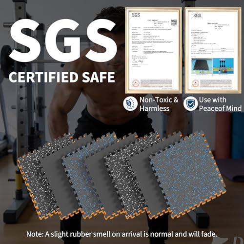0.56-Inch Thick 48 Sq ft Exercise Equipment Mats | 12 Tiles Interlocking High-Density EVA Foam Rubber Puzzle Gym Flooring for Home Gym & Heavy Weight Workouts, 24 x 24 in Black