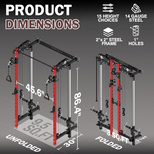 Mikolo Folding Squat Rack, Wall Mounted Power Rack with Cable Crossover Machine & LAT Pull Down, Functional Trainer with 5 Adjustable Function Modes, for Home Gym and Space Saving - color: Red, size: WR00 Ultra (Alum Pulleys)