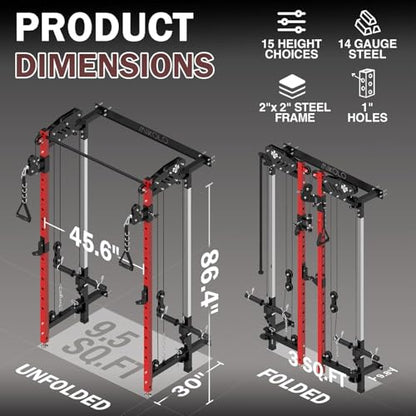 Mikolo Folding Squat Rack, Wall Mounted Power Rack with Cable Crossover Machine & LAT Pull Down, Functional Trainer with 5 Adjustable Function Modes, for Home Gym and Space Saving - color: Red, size: WR00 Ultra (Alum Pulleys)