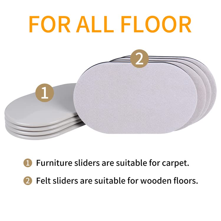 Ezprotekt Large Furniture Sliders for Carpet and Hardwood Floors, 8 Pack 9-1/2" x 5-3/4" Reusable Oval Heavy Duty Furniture Moving Pads, 4 Pcs Hard Floor Felt Sliders+4 Pcs Carpet Sliders (Beige)