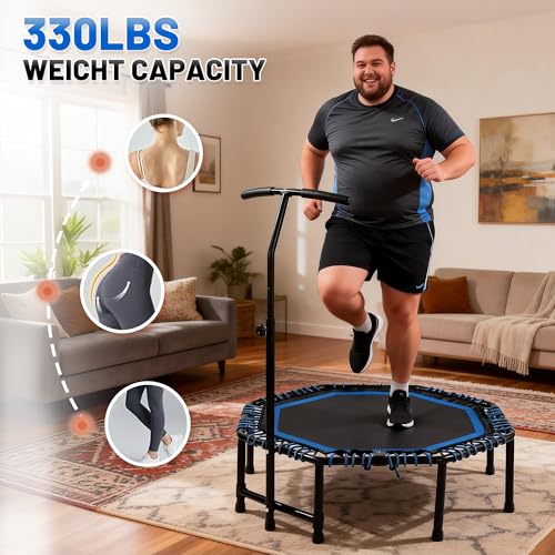48" Mini Trampoline for Adults, Rebounder with Adjustable Handle Bar, Bungee Ropes, Indoor Outdoor,Fitness Trampoline for Home and Gym, Cardio & Strength Training