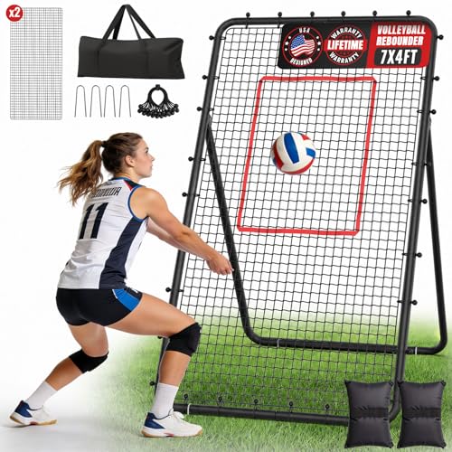 Suteck 7x4ft Volleyball Rebounder Net 2-Net System, 5-Angle Adjustable & Durable Trainer for Spike, Serve, Passing & Solo Practice, Includes Storage Bag for Easy Travel & Portability