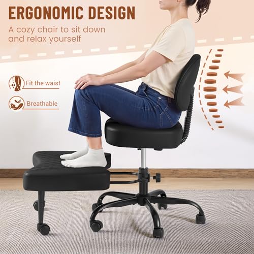 Homall Ergonomic Cross Legged Office Desk Chair with Wheels, 360° Swivel and Adjustable Height for Meditation and ADHD,Criss Cross Kneeling Chair with Lumbar Support (Leather, Black) - color: Black