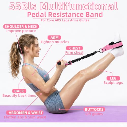 Pedal Resistance Band with Handles and Door Anchor, Detachable Foot Pedal Resistance Band with Stainless Steel Buckles, Multifunction Tension Rope Tummy Trimmer for Full Body Workout Home Gym Women