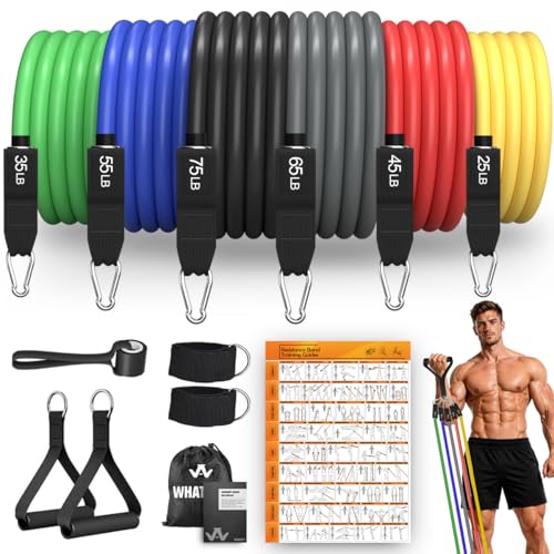 WHATAFIT Resistance Bands, Exercise Bands with Handles, Workout Bands for Working Out, Fitness Bands Set for Home Gym Full Body Strength Training, Muscle Tone, Yoga & Stretching