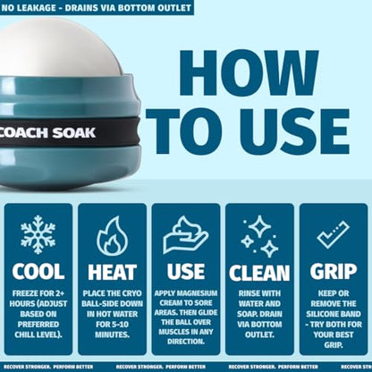 Coach Soak Massage Roller Ball – Dual Hot & Cold Stainless Steel CryoBall with Silicone Control Grip, Handheld Recovery Roller Glides Easily for Deep Tissue Massage – 2X Magnesium Cream Included